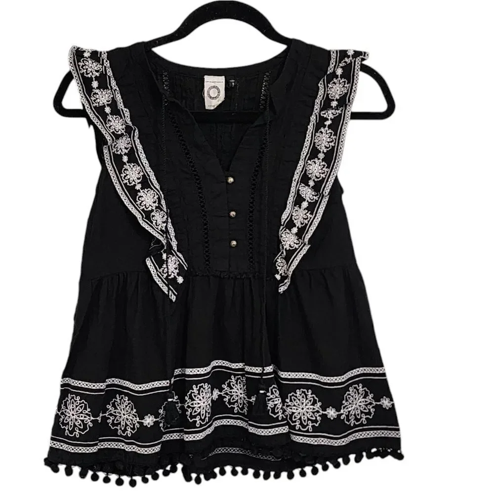 Akemi + Kin Adelina black & white embroidered ruffled top 2